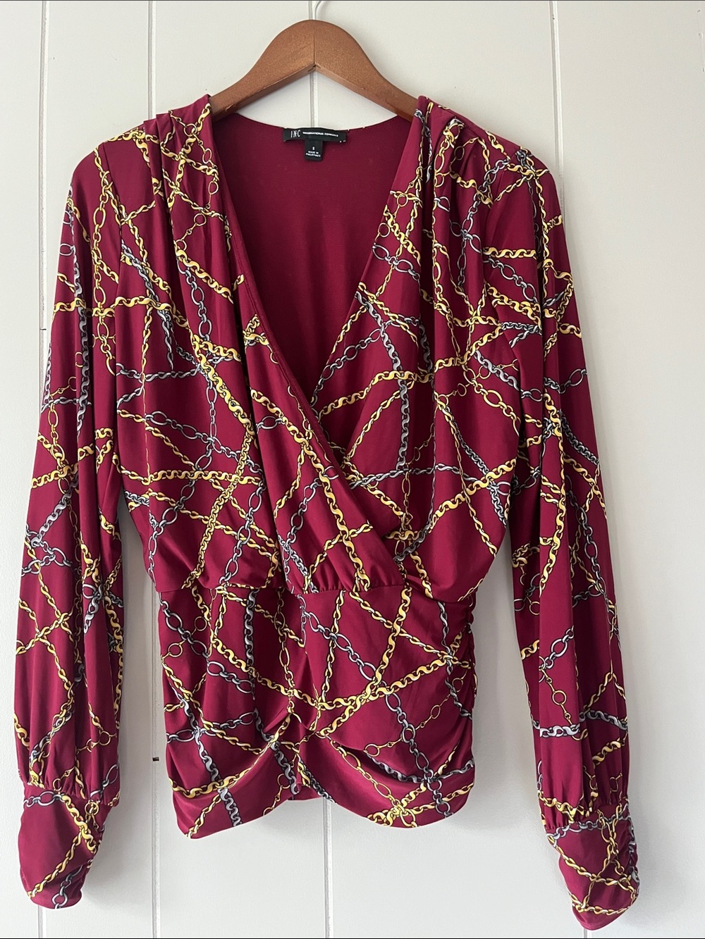 Stylish Chain-Print Burgundy Wrap Blouse - Unknown Brand